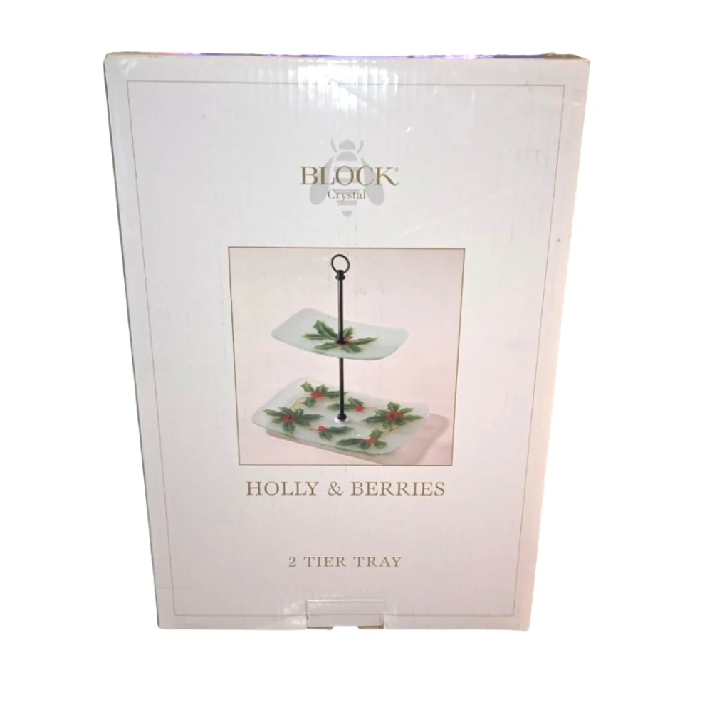 Block Crystal NEW VTG Holly &‎ Berries Frosted Glass Stacking 2 Tiered Tray Set